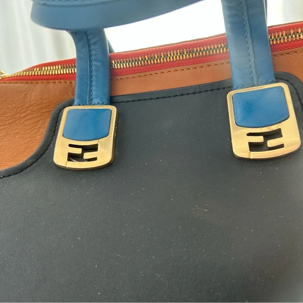 Fendi Black, Brown & Blue Leather Satchel with Gold Hardware - Picture 5 of 11